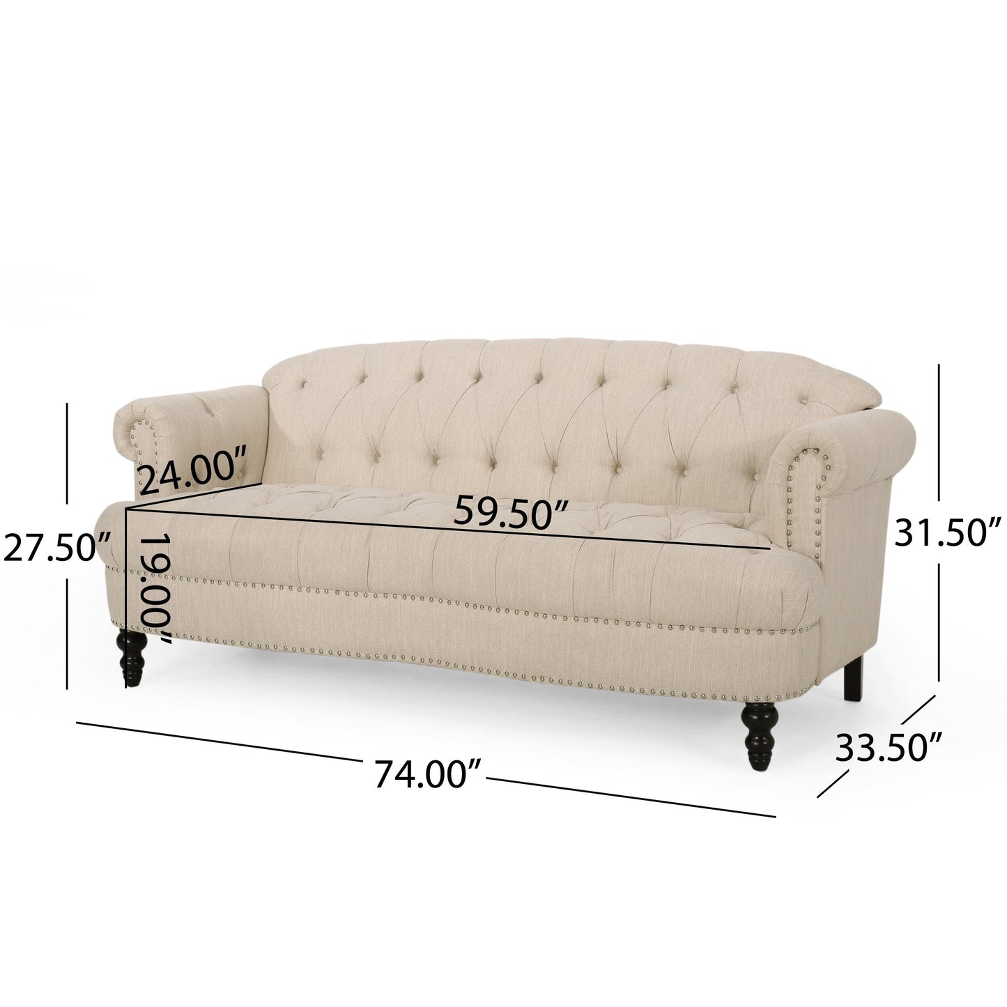 Canapé 3 places en tissu de 74 pouces avec détails rivetés, revêtement en tissu durable et sièges spacieux pour le salon