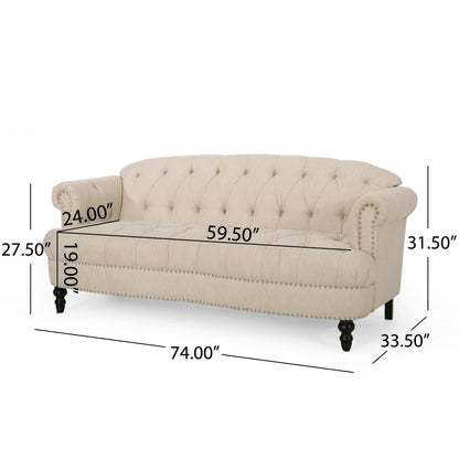 Canapé 3 places en tissu de 74 pouces avec détails rivetés, revêtement en tissu durable et sièges spacieux pour le salon