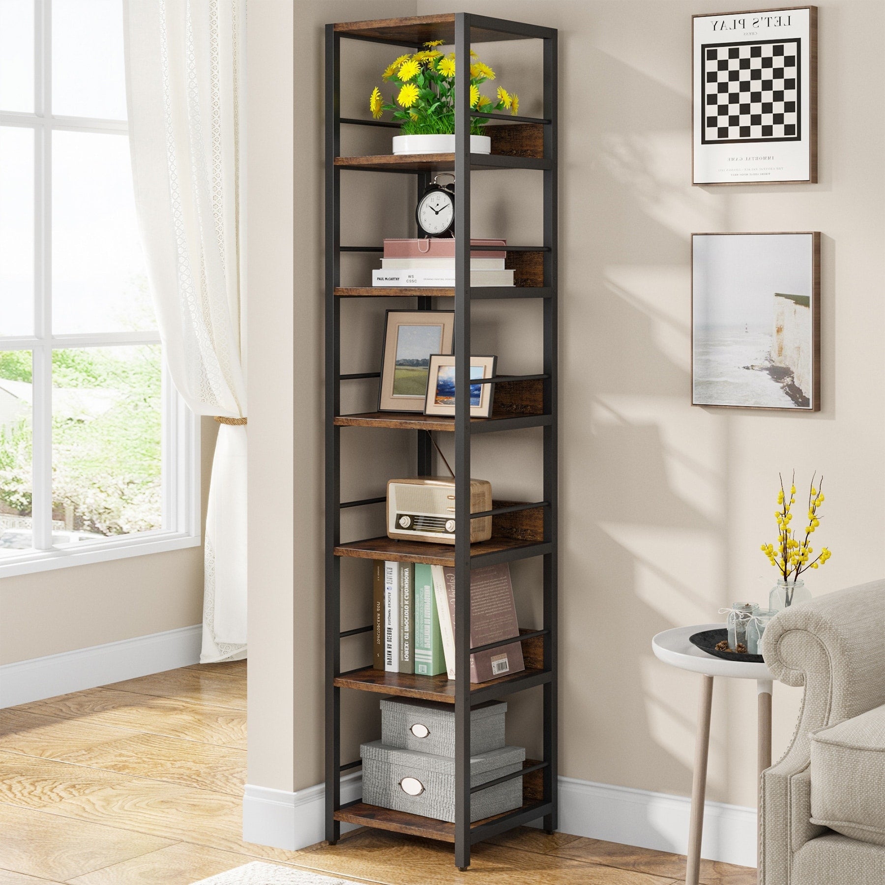 Étagères d'angle étroites de 75 pouces de hauteur, étagères de rangement à 6 niveaux pour bibliothèques et bureaux à domicile