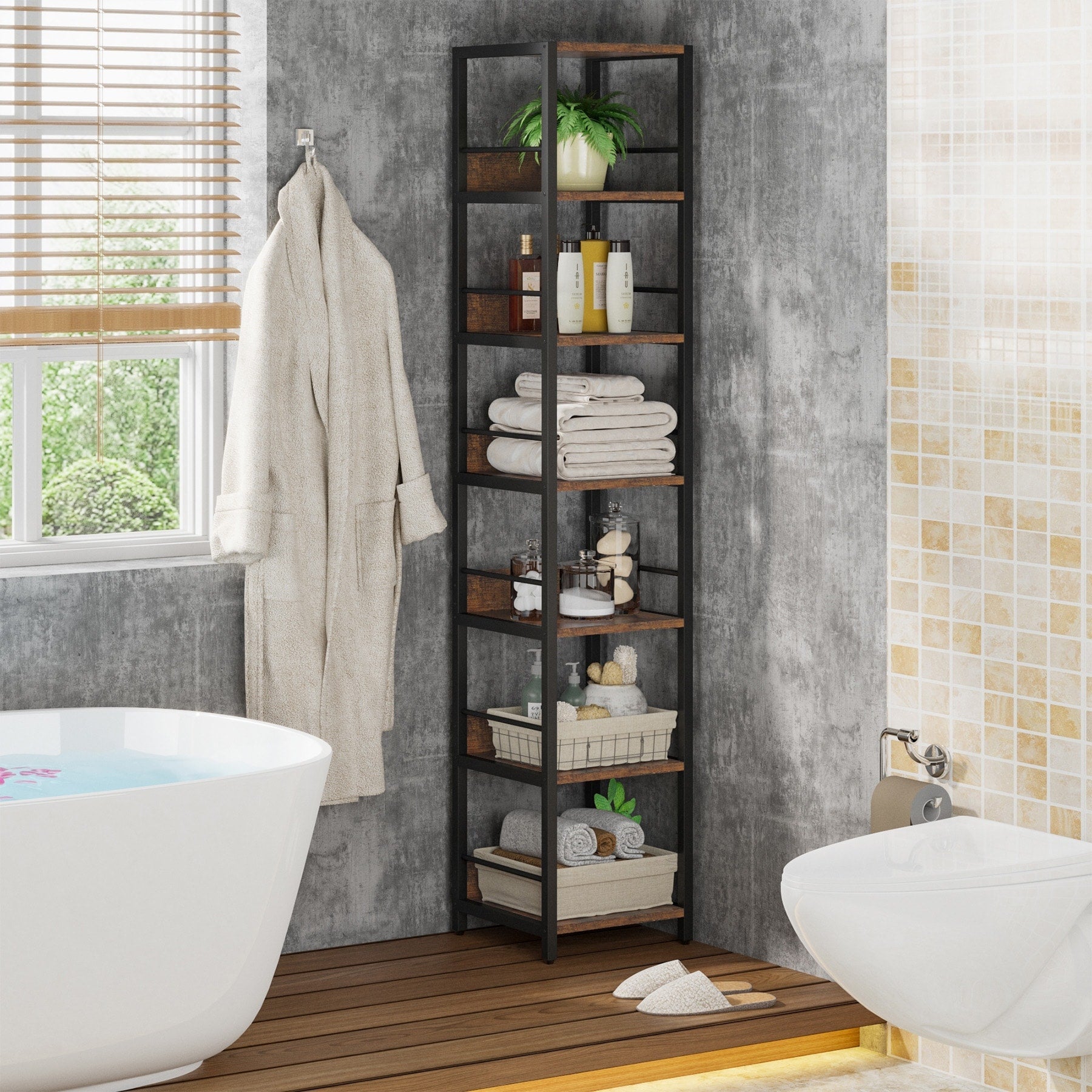 75 Inch Tall Narrow Corner Shelves, 6-Tier Etagere Shelve Storage Rack Bookshelves for Home Office