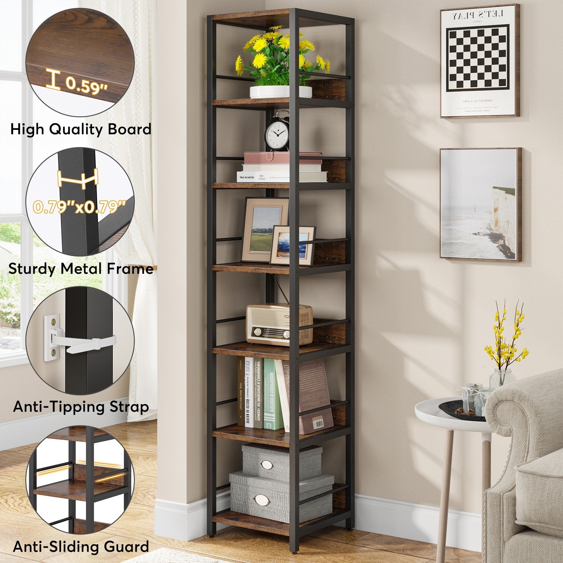 75 Inch Tall Narrow Corner Shelves, 6-Tier Etagere Shelve Storage Rack Bookshelves for Home Office
