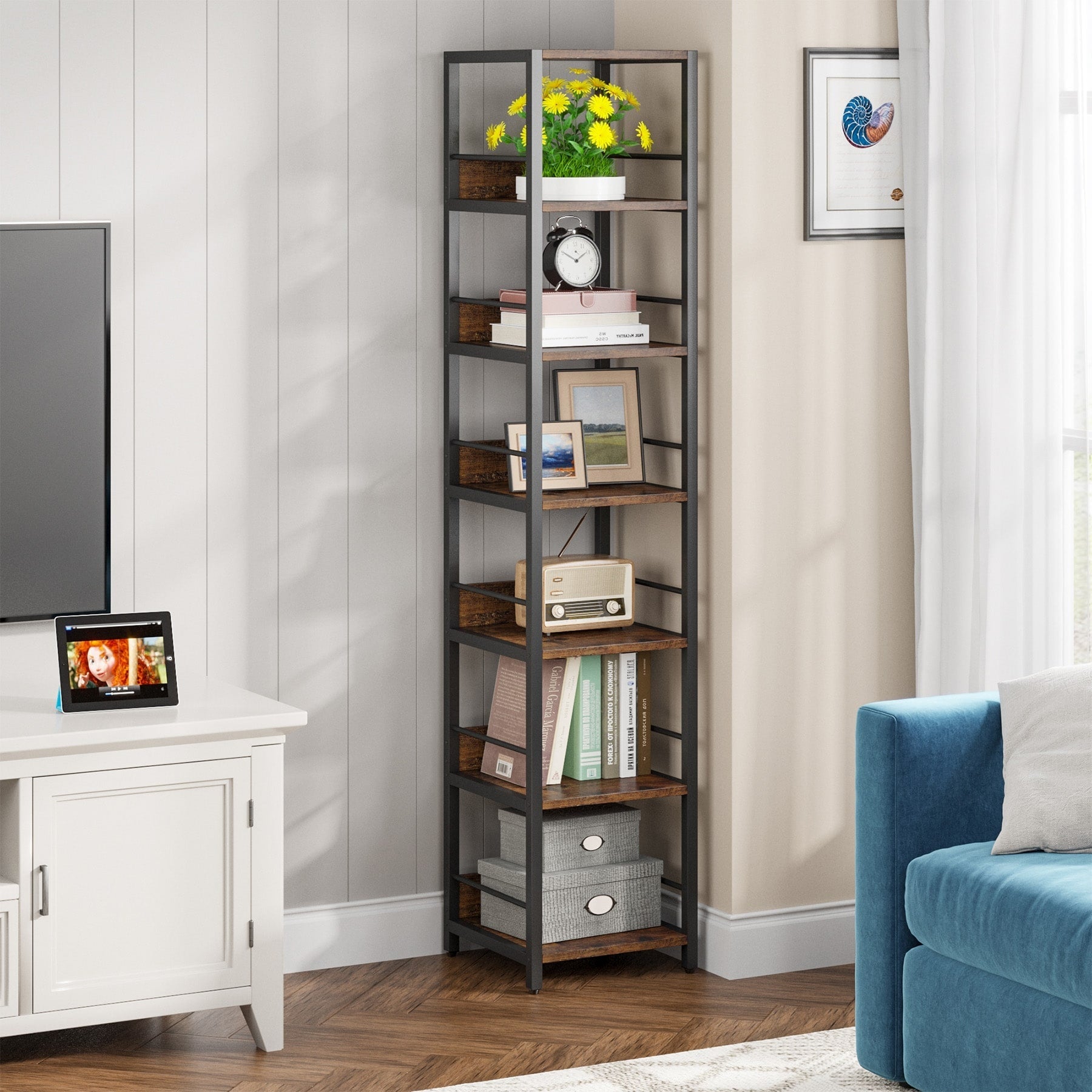 75 Inch Tall Narrow Corner Shelves, 6-Tier Etagere Shelve Storage Rack Bookshelves for Home Office