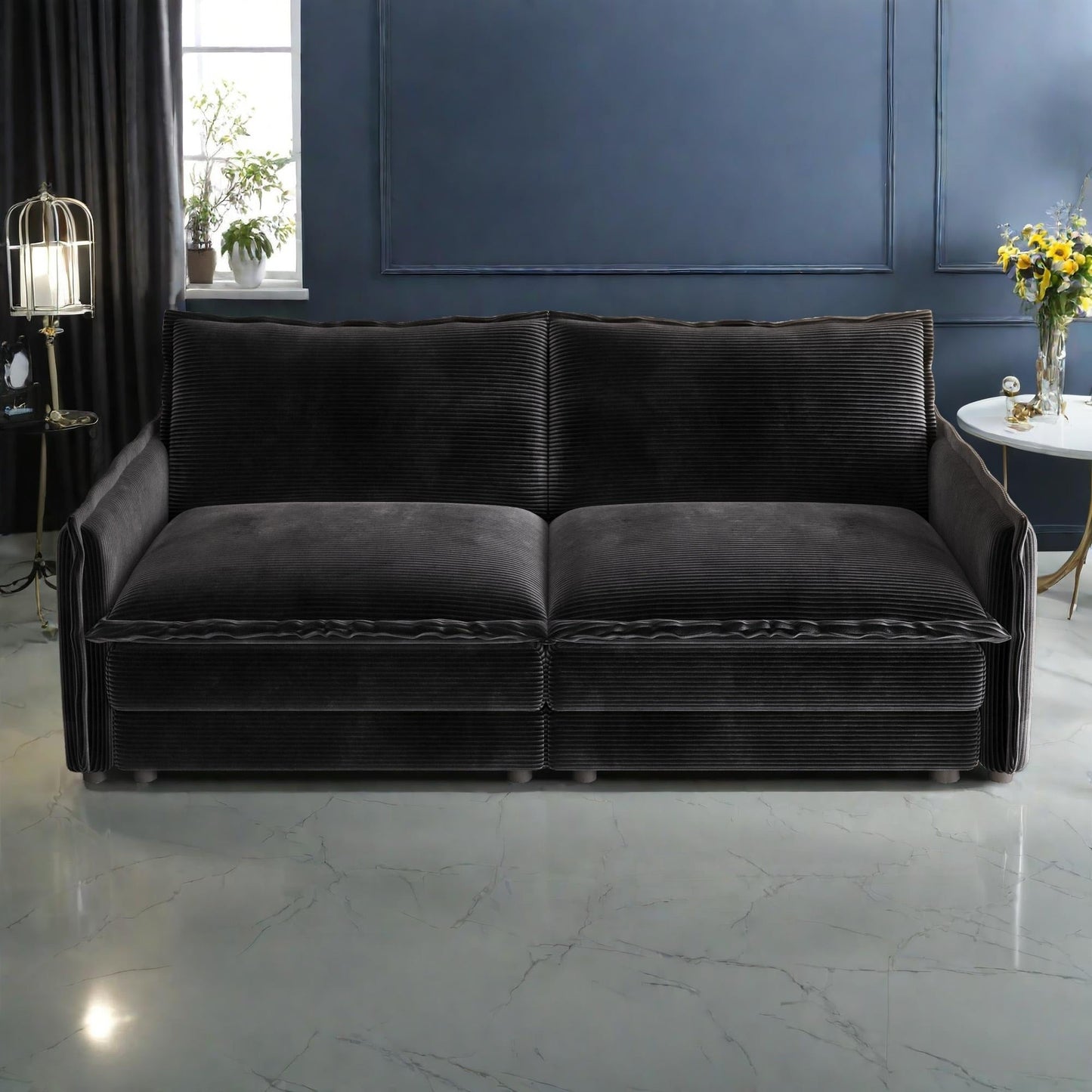 Canapé 2 places en velours côtelé 75, assise profonde avec 2 coussins pour le salon