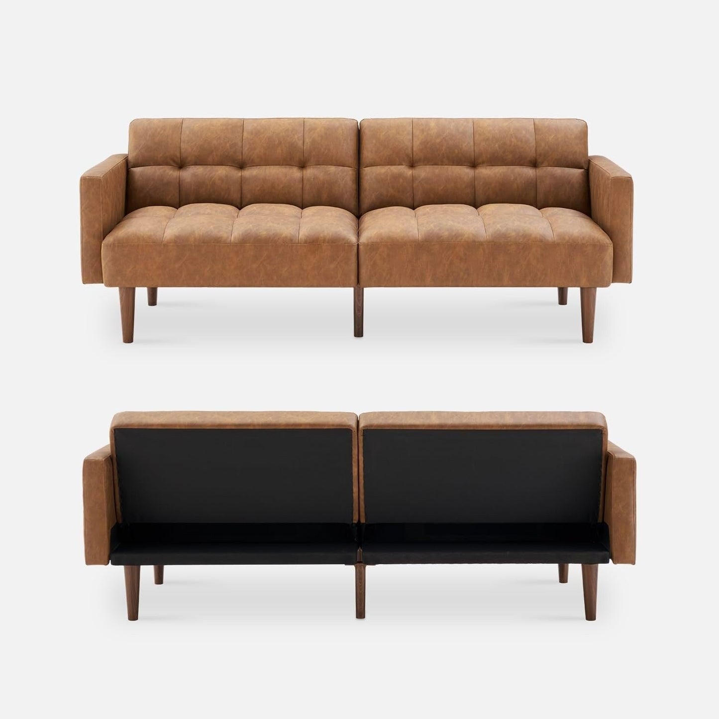 Canapé-lit futon Mid-Century 76,8 po – Canapé-lit convertible pour salon et chambre, similicuir marron pécan
