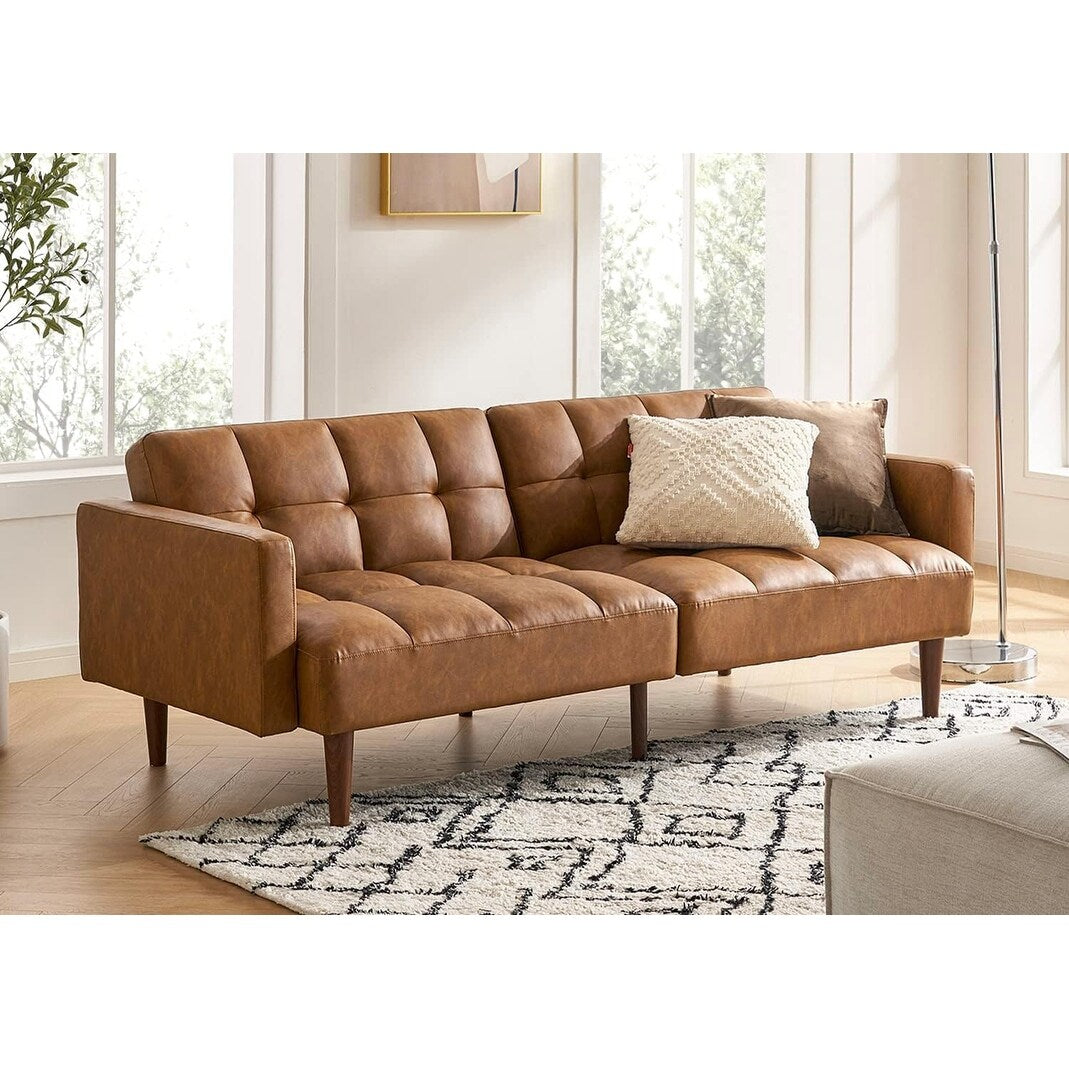 Canapé-lit futon Mid-Century 76,8 po – Canapé-lit convertible pour salon et chambre, similicuir marron pécan