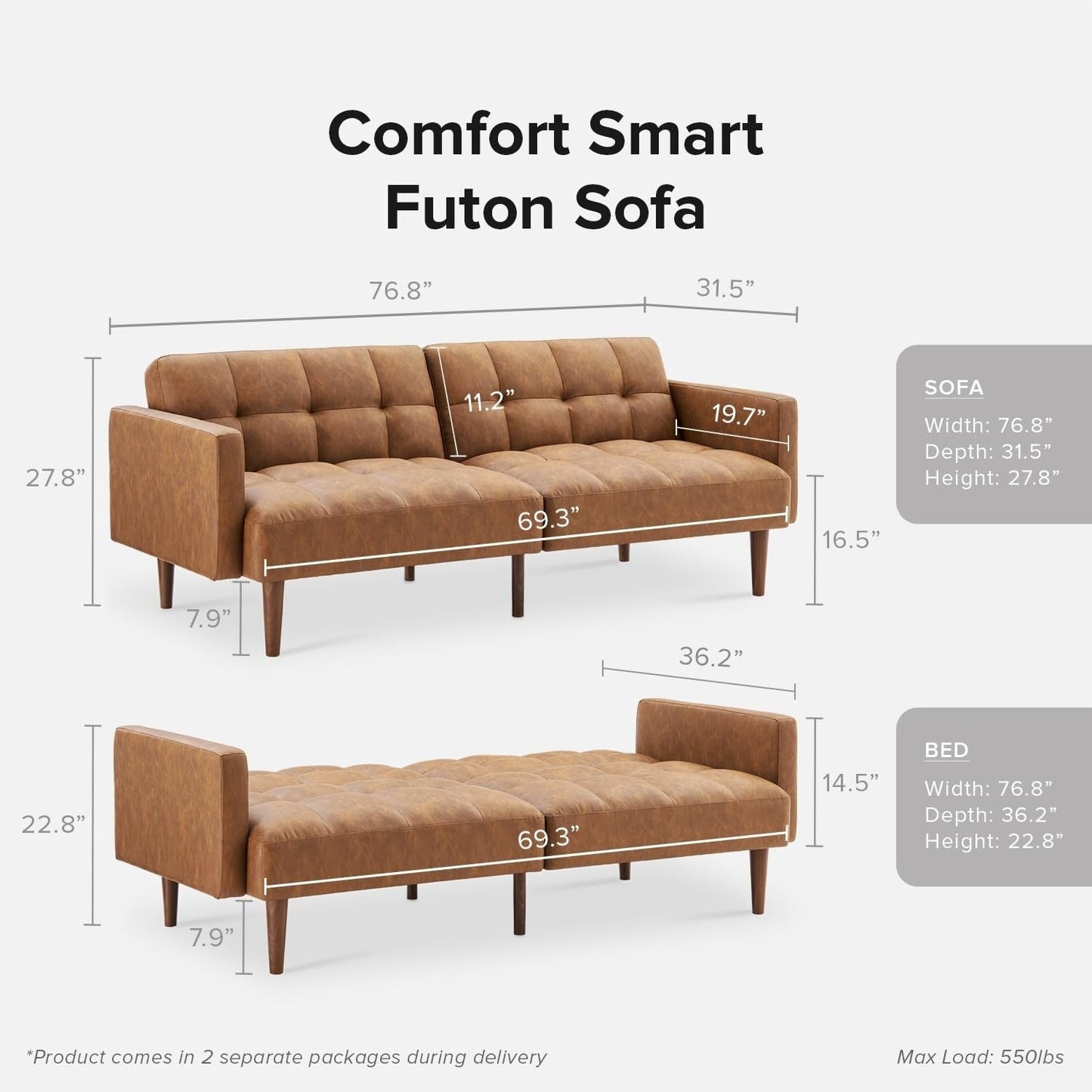 Canapé-lit futon Mid-Century 76,8 po – Canapé-lit convertible pour salon et chambre, similicuir marron pécan