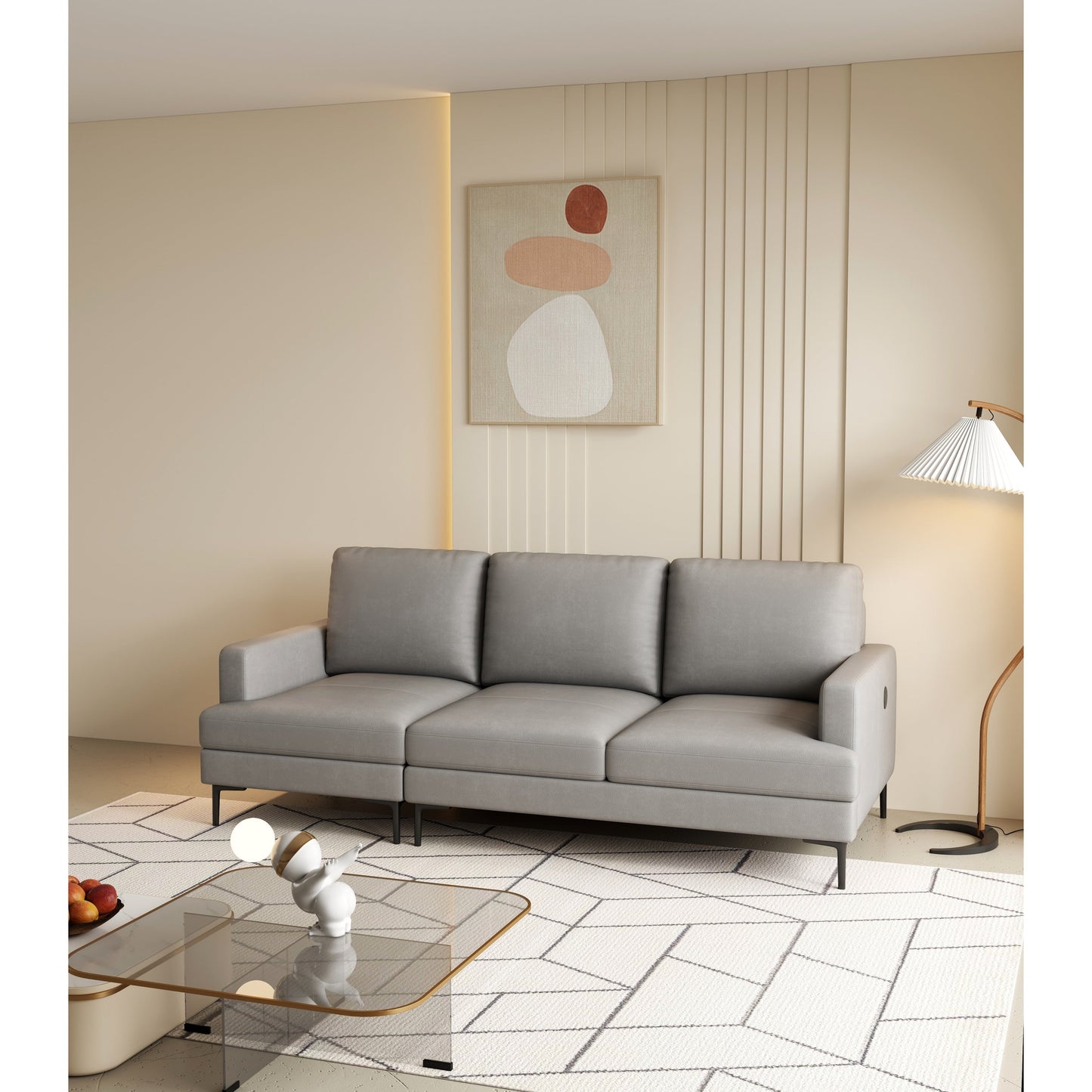 Canapé 3 places en cuir véritable 77 avec chargeur USB, coussins haute résilience et pieds en métal noir