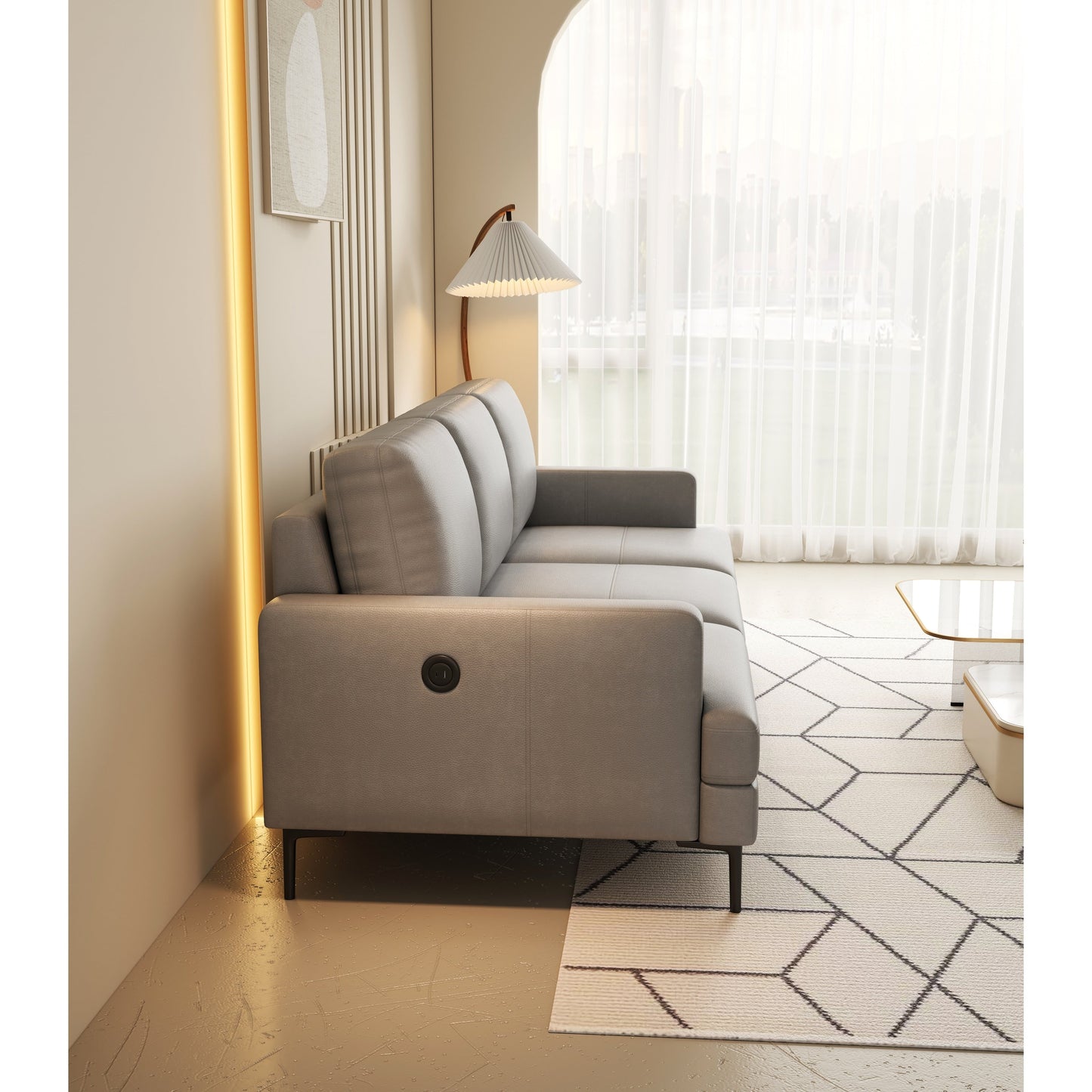 Canapé 3 places en cuir véritable 77 avec chargeur USB, coussins haute résilience et pieds en métal noir