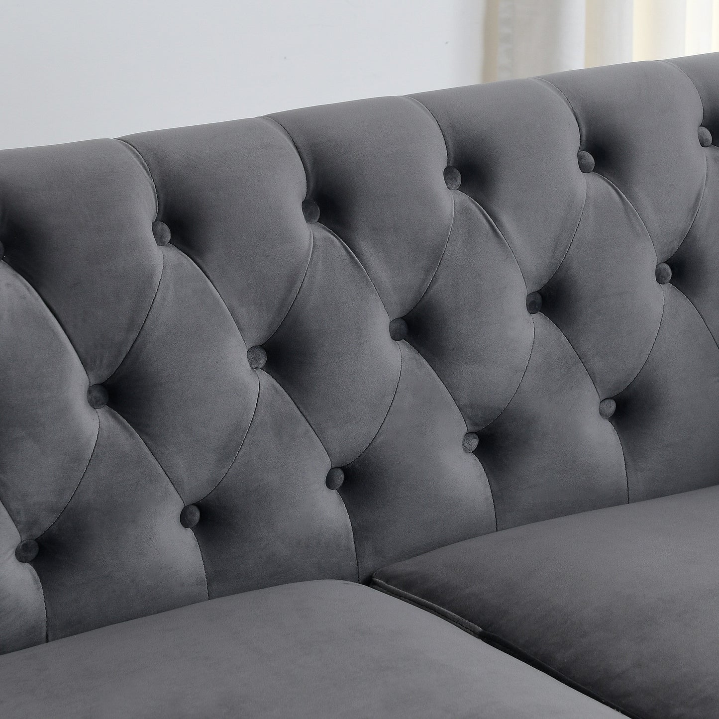 Canapé 3 places moderne en velours de 77 po avec dossier capitonné, garniture cloutée et 2 coussins