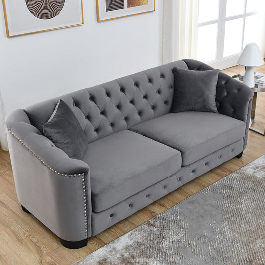 Canapé 3 places moderne en velours de 77 po avec dossiers capitonnés, garniture cloutée et 2 coussins