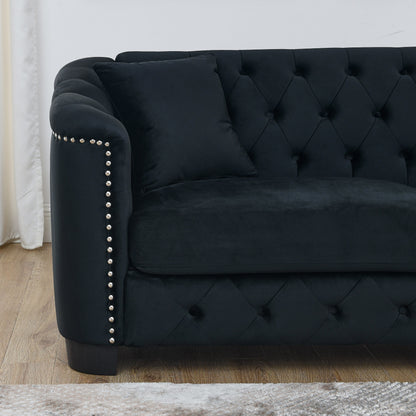Canapé 3 places moderne en velours de 77 po avec dossiers capitonnés, garniture cloutée et 2 coussins