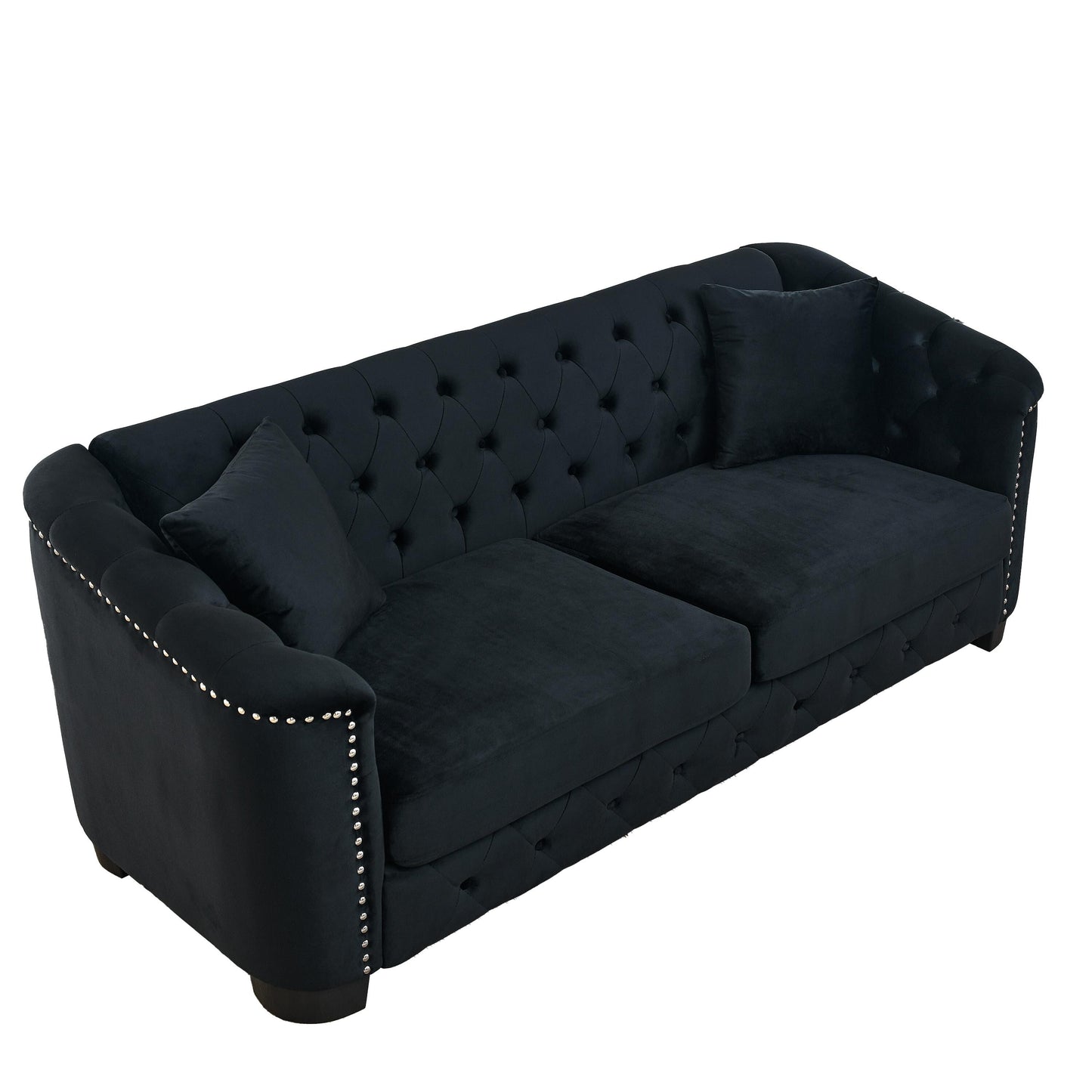 Canapé 3 places moderne en velours de 77 po avec dossiers capitonnés, garniture cloutée et 2 coussins