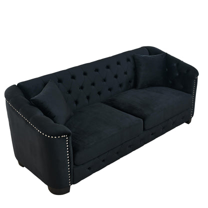 Canapé 3 places moderne en velours de 77 po avec dossiers capitonnés, garniture cloutée et 2 coussins