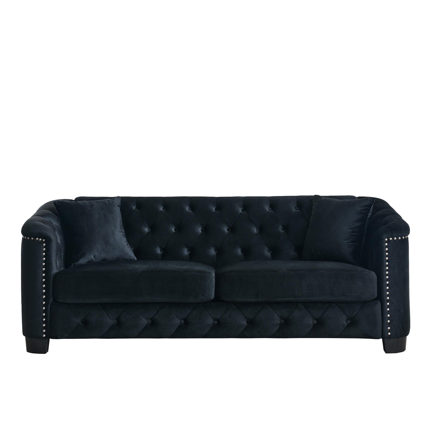 Canapé 3 places moderne en velours de 77 po avec dossiers capitonnés, garniture cloutée et 2 coussins