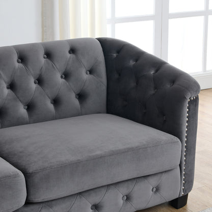 Canapé 3 places moderne en velours de 77 po avec dossiers capitonnés, garniture cloutée et 2 coussins