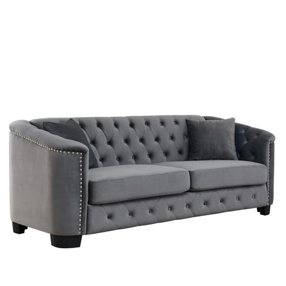Canapé 3 places moderne en velours de 77 po avec dossiers capitonnés, garniture cloutée et 2 coussins