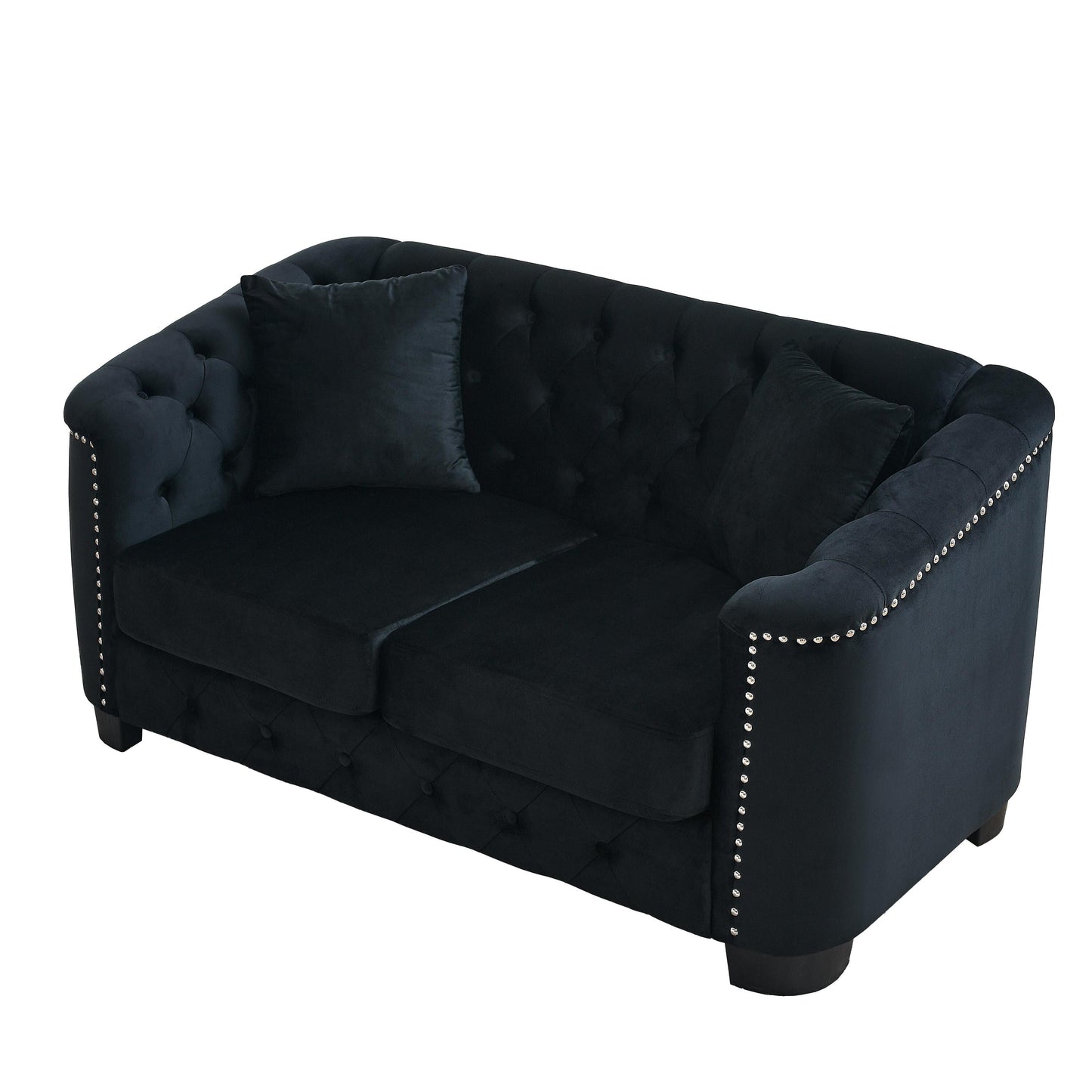 Canapé 3 places moderne en velours de 77 po avec dossiers capitonnés, garniture cloutée et 2 coussins