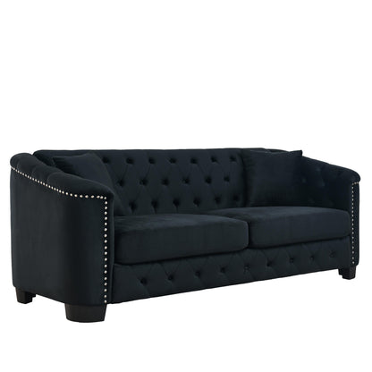 Canapé 3 places moderne en velours de 77 po avec dossiers capitonnés, garniture cloutée et 2 coussins