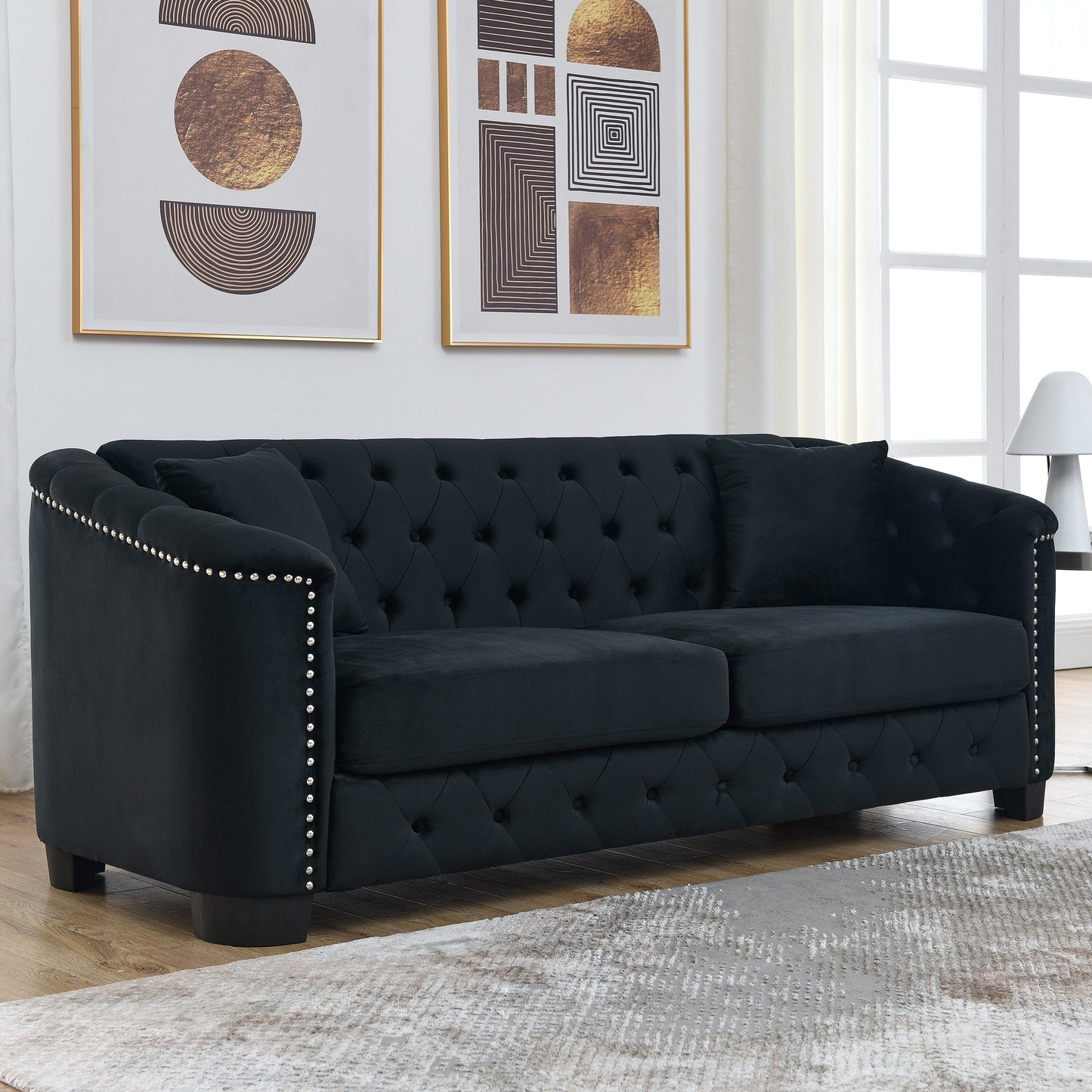 Canapé 3 places moderne en velours de 77 po avec dossiers capitonnés, garniture cloutée et 2 coussins