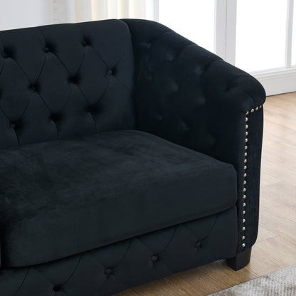 Canapé 3 places moderne en velours de 77 po avec dossiers capitonnés, garniture cloutée et 2 coussins