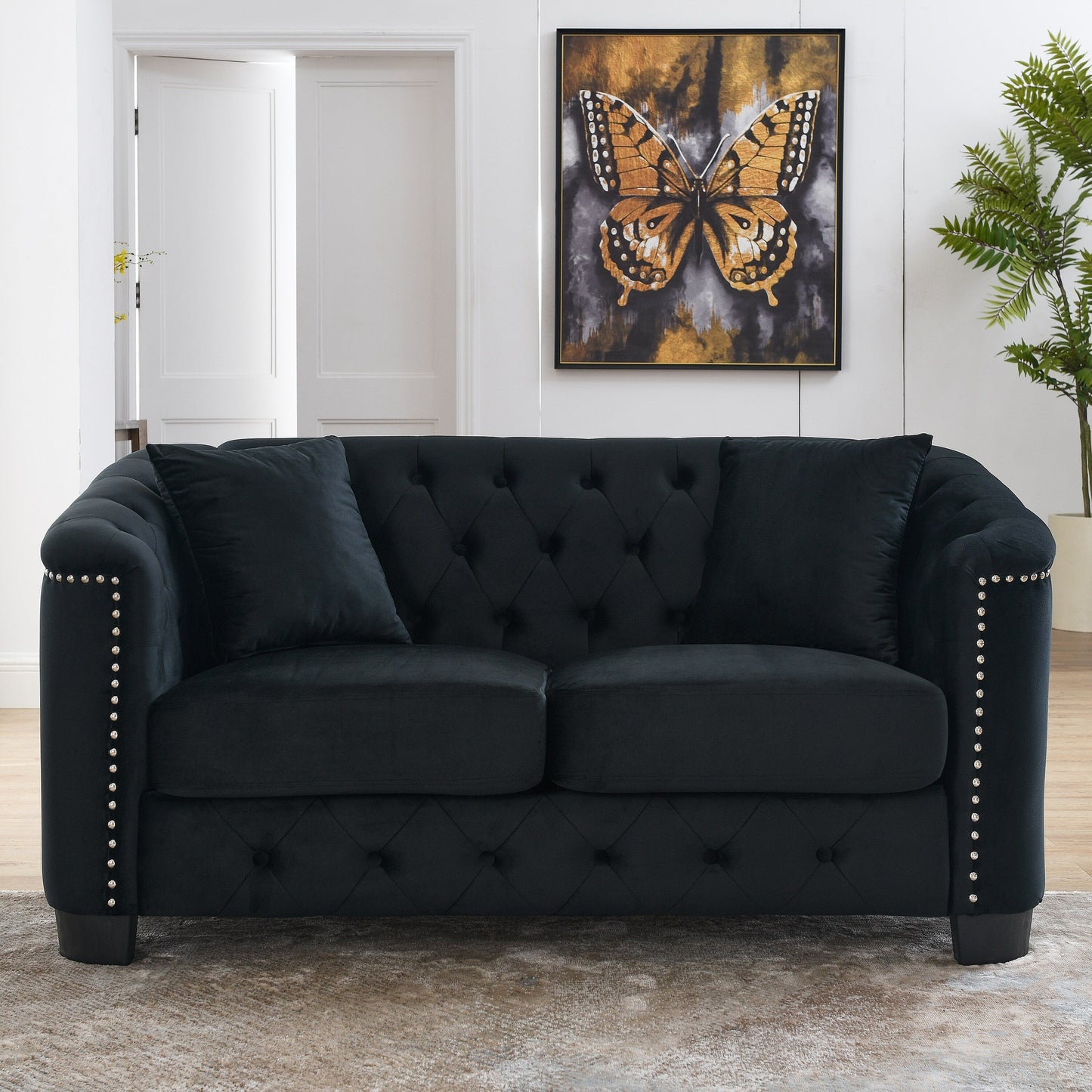 Canapé 3 places moderne en velours de 77 po avec dossiers capitonnés, garniture cloutée et 2 coussins