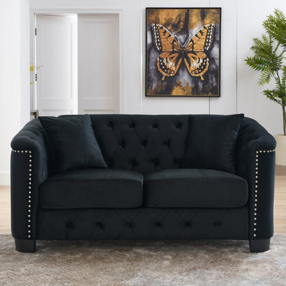 Canapé 3 places moderne en velours de 77 po avec dossiers capitonnés, garniture cloutée et 2 coussins