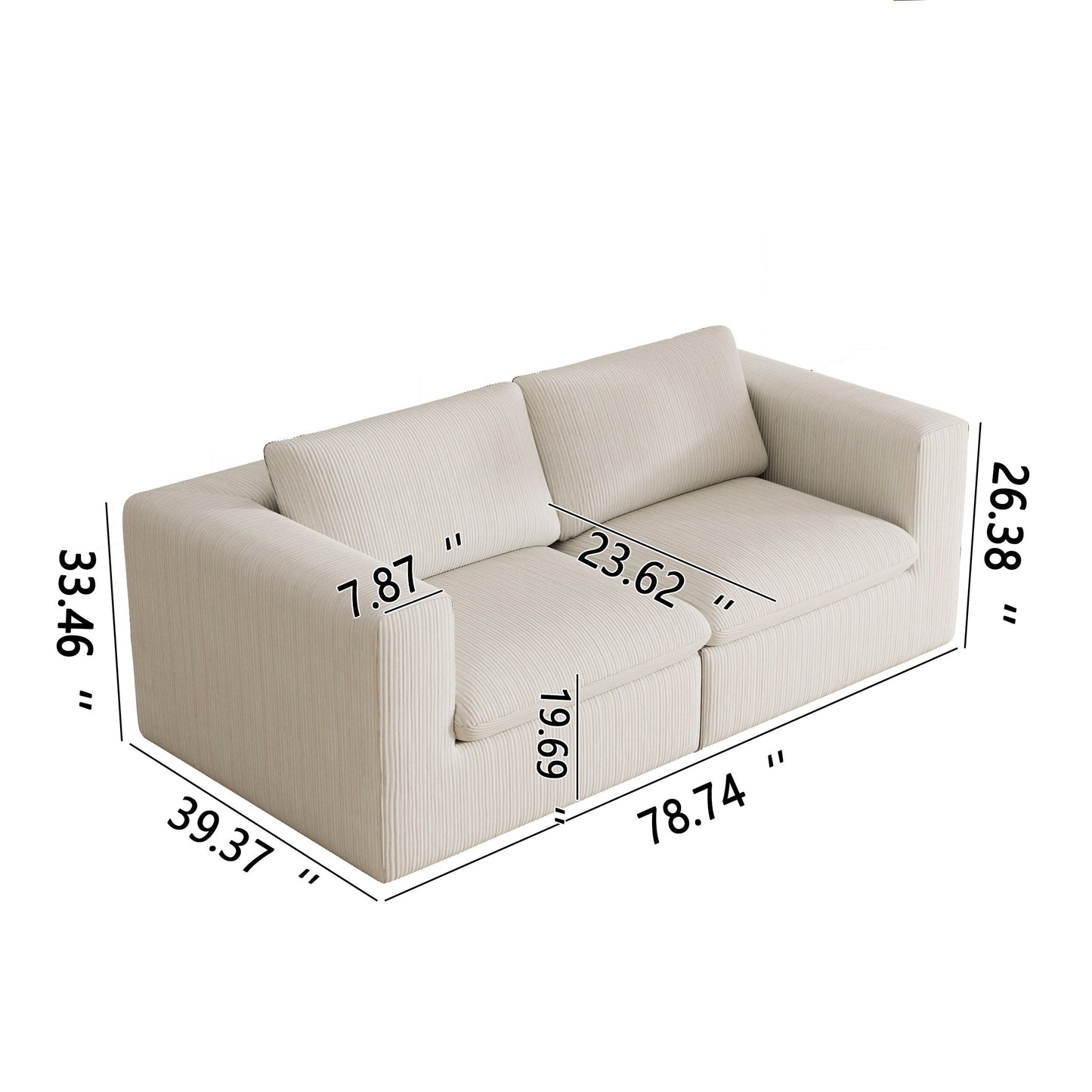 Canapé modulaire Cloud 2 places en velours côtelé 78,74 po, sans assemblage requis