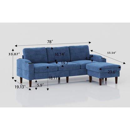 Canapé 3 places en tissu en forme de L avec pouf de rangement, port USB, porte-gobelet et design moderne