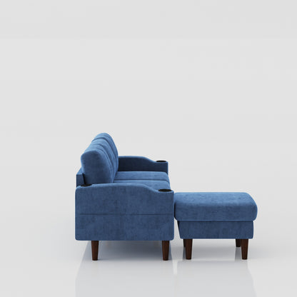 Canapé 3 places en tissu en forme de L avec pouf de rangement, port USB, porte-gobelet et design moderne