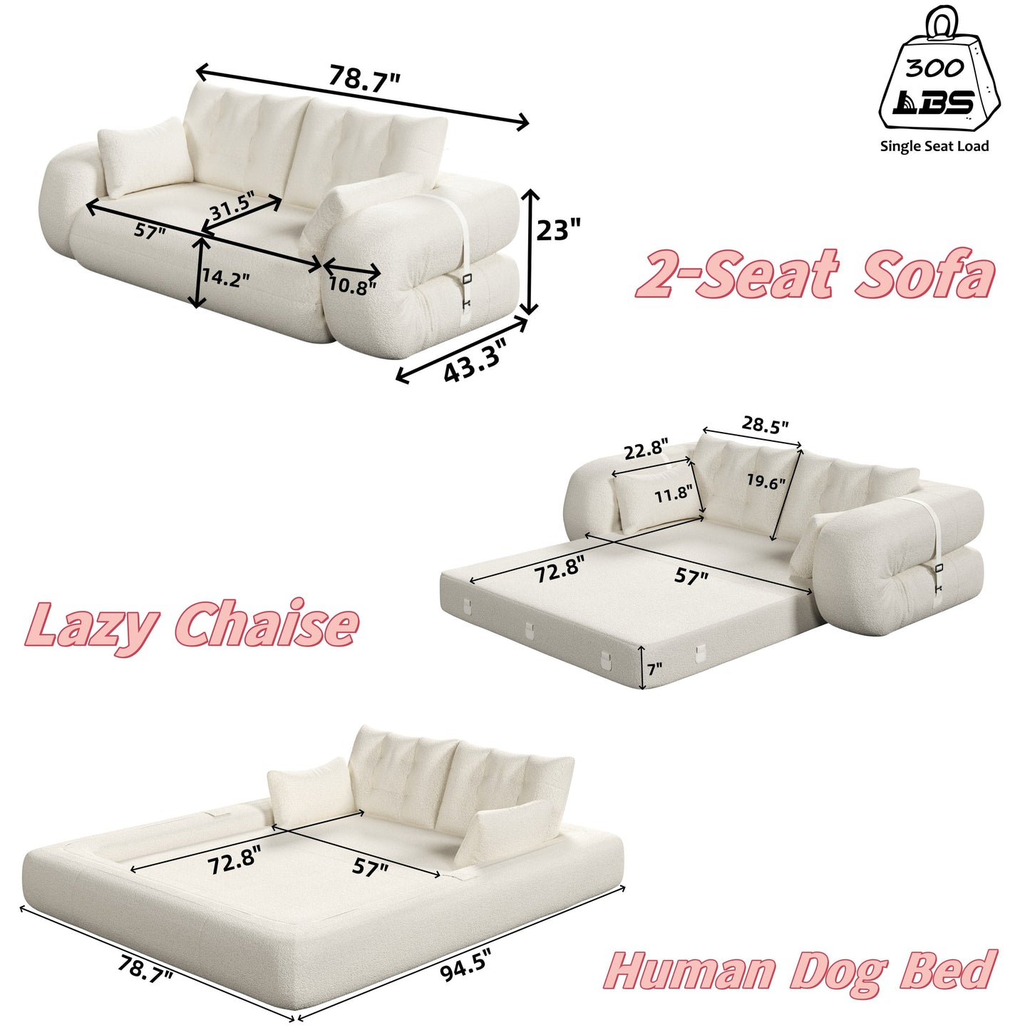 Lit pour chien 78,7 pouces, canapé-lit pliable 3 en 1