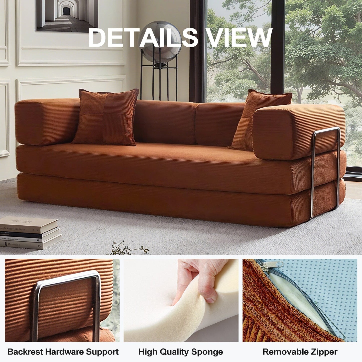Canapé-lit convertible de 78,8 cm avec coussin et accoudoirs