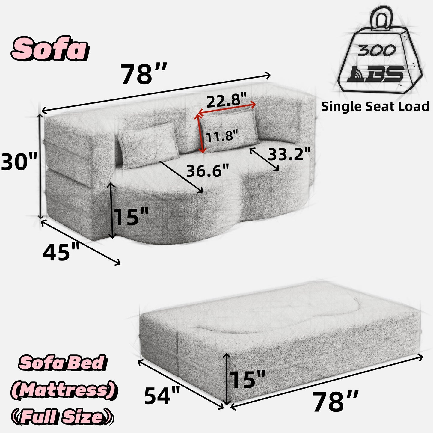Canapé-lit convertible en tissu Teddy de 78 pouces, rempli de mousse, avec 2 oreillers et matelas pliant pour le salon