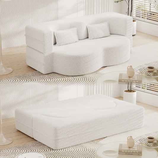 Canapé-lit convertible en tissu Teddy de 78 pouces, rempli de mousse, avec 2 oreillers et matelas pliant pour le salon