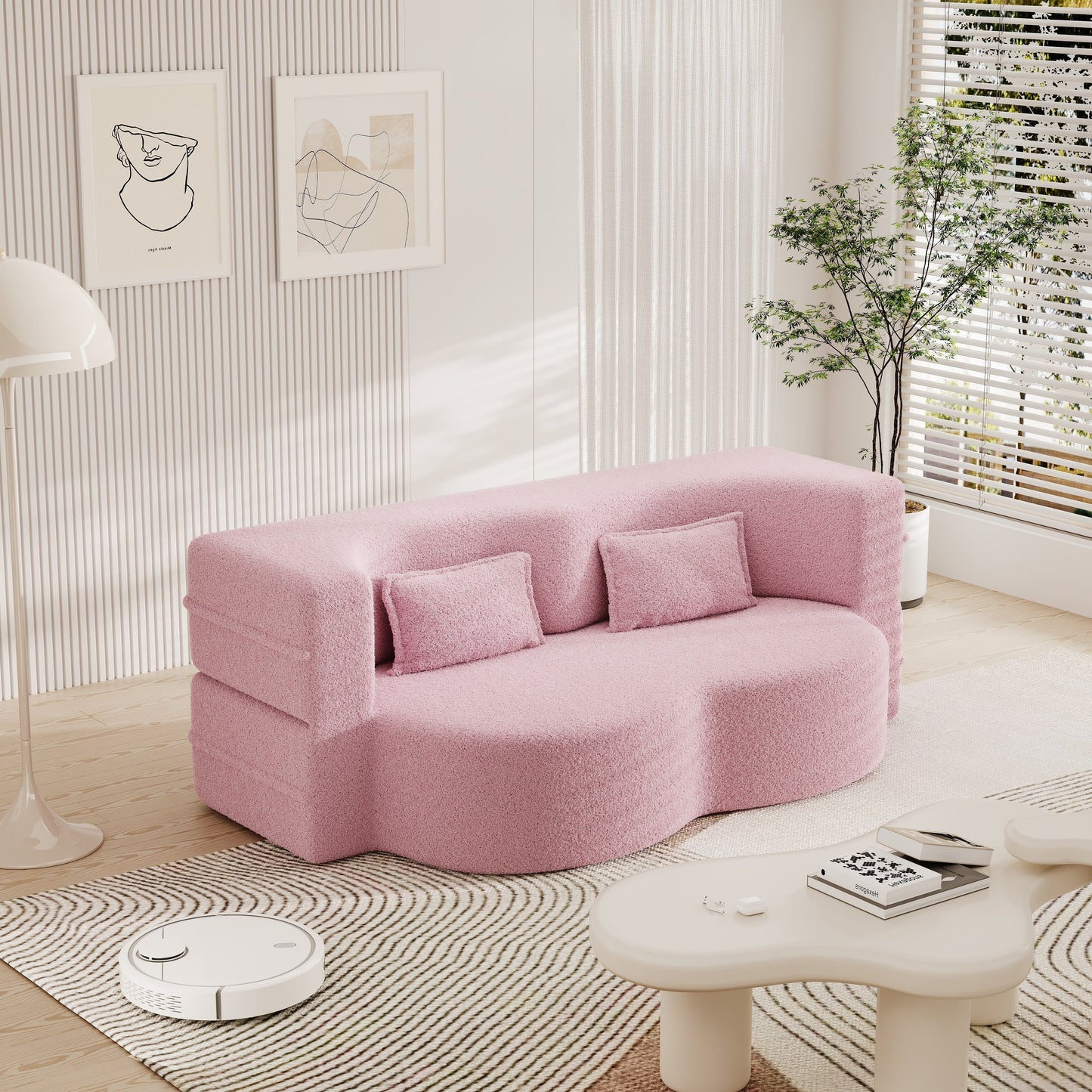 Canapé-lit convertible en tissu Teddy de 78 pouces, rempli de mousse, avec 2 oreillers et matelas pliant pour le salon