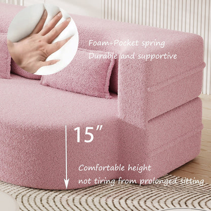 Canapé-lit convertible en tissu Teddy de 78 pouces, rempli de mousse, avec 2 oreillers et matelas pliant pour le salon