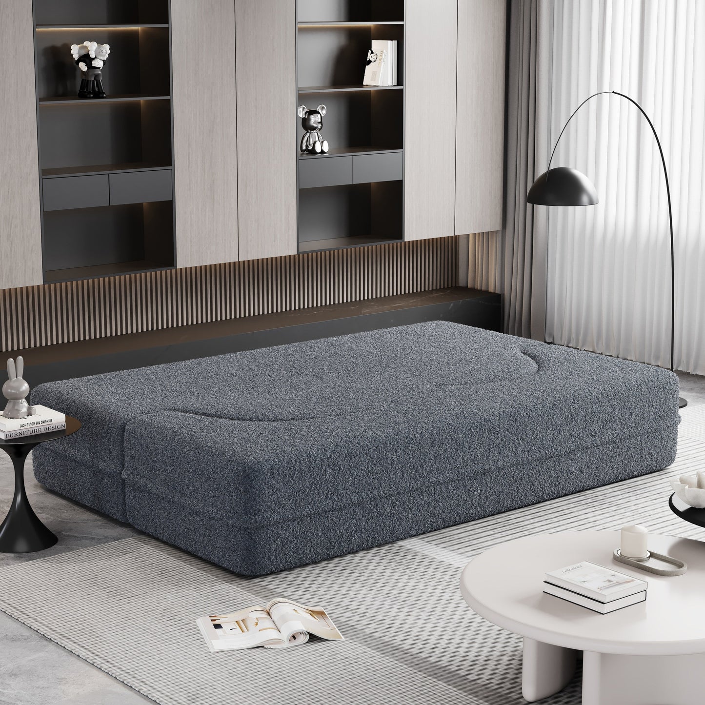 Canapé-lit convertible en tissu Teddy de 78 pouces, rempli de mousse, avec 2 oreillers et matelas pliant pour le salon