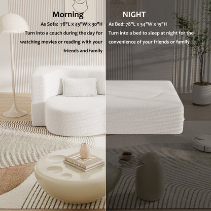 Canapé-lit convertible en tissu Teddy de 78 pouces, rempli de mousse, avec 2 oreillers et matelas pliant pour le salon