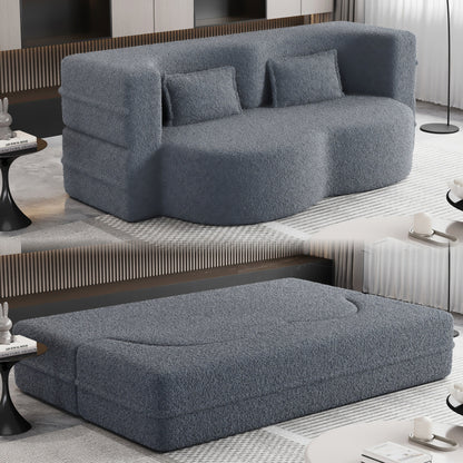 Canapé-lit convertible en tissu Teddy de 78 pouces, rempli de mousse, avec 2 oreillers et matelas pliant pour le salon