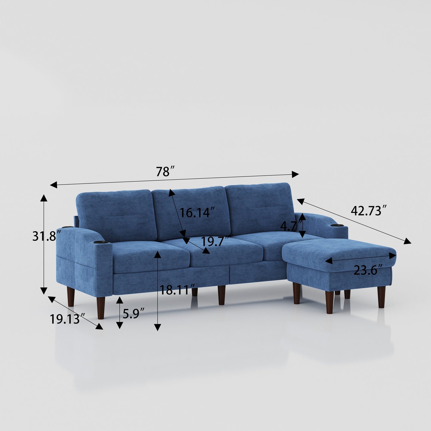 Canapé convertible en L en tissu de 78 po avec rangement, port USB et porte-gobelet – Idéal pour les petits espaces
