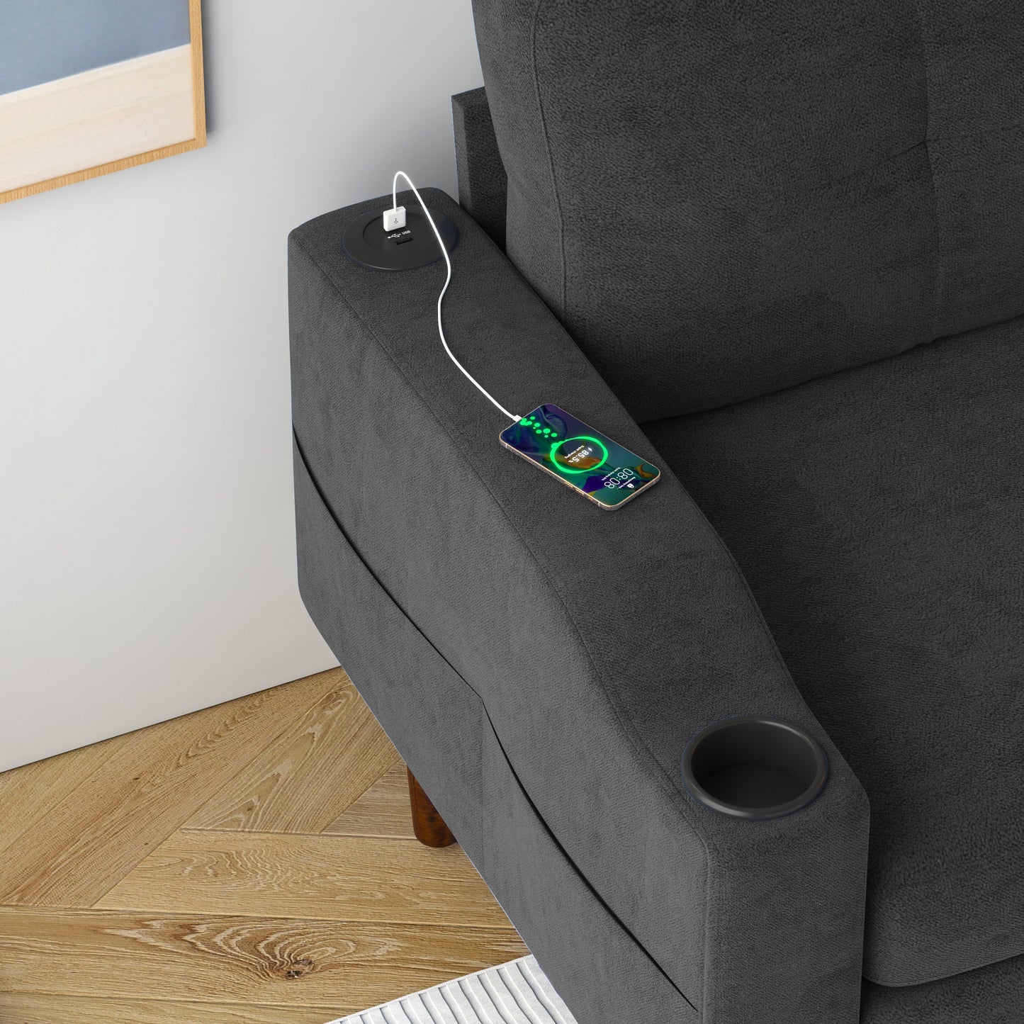 Canapé convertible en L en tissu de 78 po avec rangement, port USB et porte-gobelet – Idéal pour les petits espaces