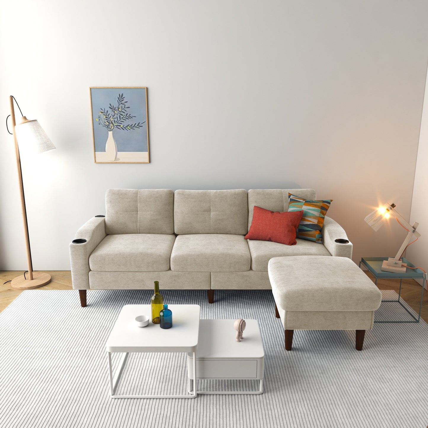 Canapé convertible en L en tissu de 78 po avec rangement, port USB et porte-gobelet – Idéal pour les petits espaces