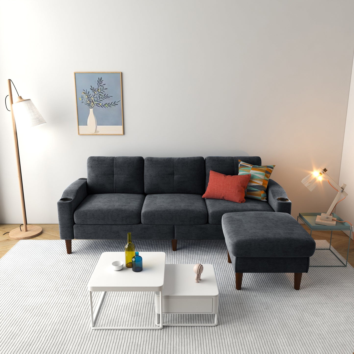 Canapé convertible en L en tissu de 78 po avec rangement, port USB et porte-gobelet – Idéal pour les petits espaces