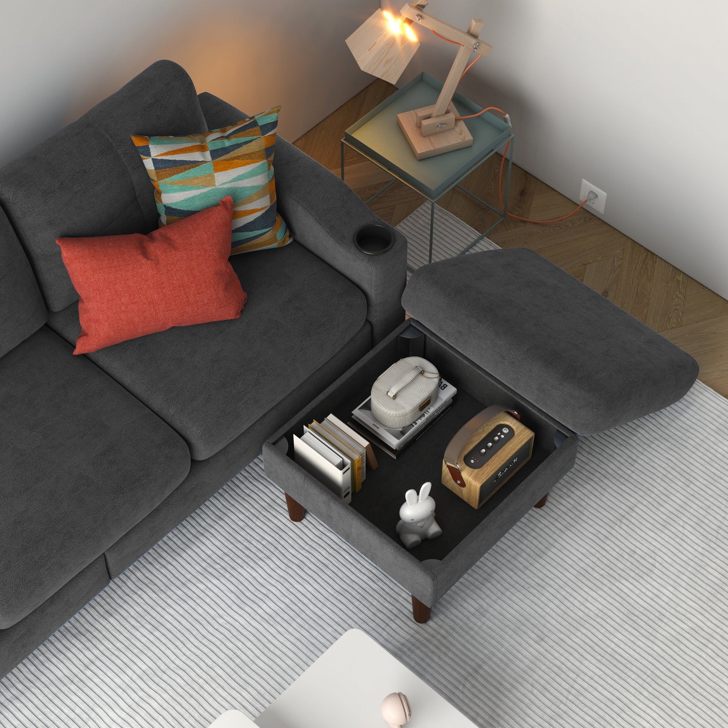 Canapé convertible en L en tissu de 78 po avec rangement, port USB et porte-gobelet – Idéal pour les petits espaces