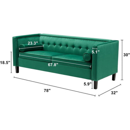 Canapé 3 places en velours de 78 po avec capitonnage à boutons, pieds en bois, coussins traversins et assemblage sans outil