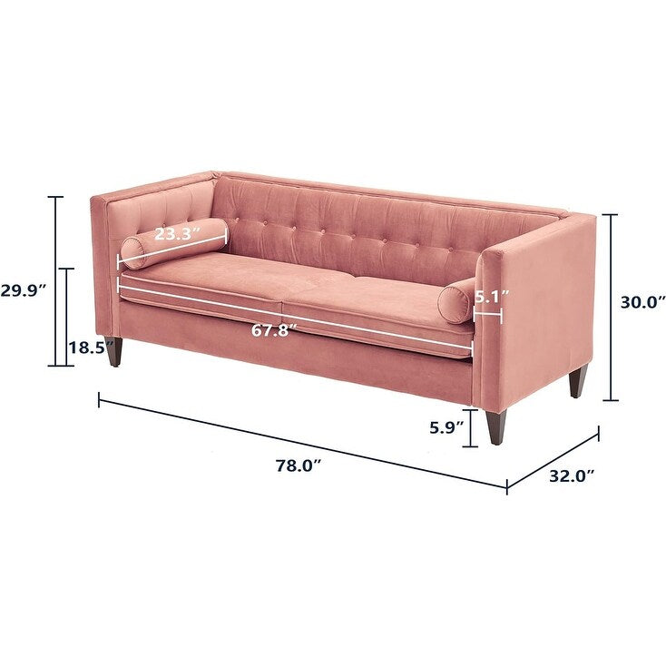 Canapé 3 places en velours de 78 po avec capitonnage à boutons, pieds en bois, coussins traversins et assemblage sans outil