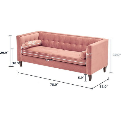 Canapé 3 places en velours de 78 po avec capitonnage à boutons, pieds en bois, coussins traversins et assemblage sans outil