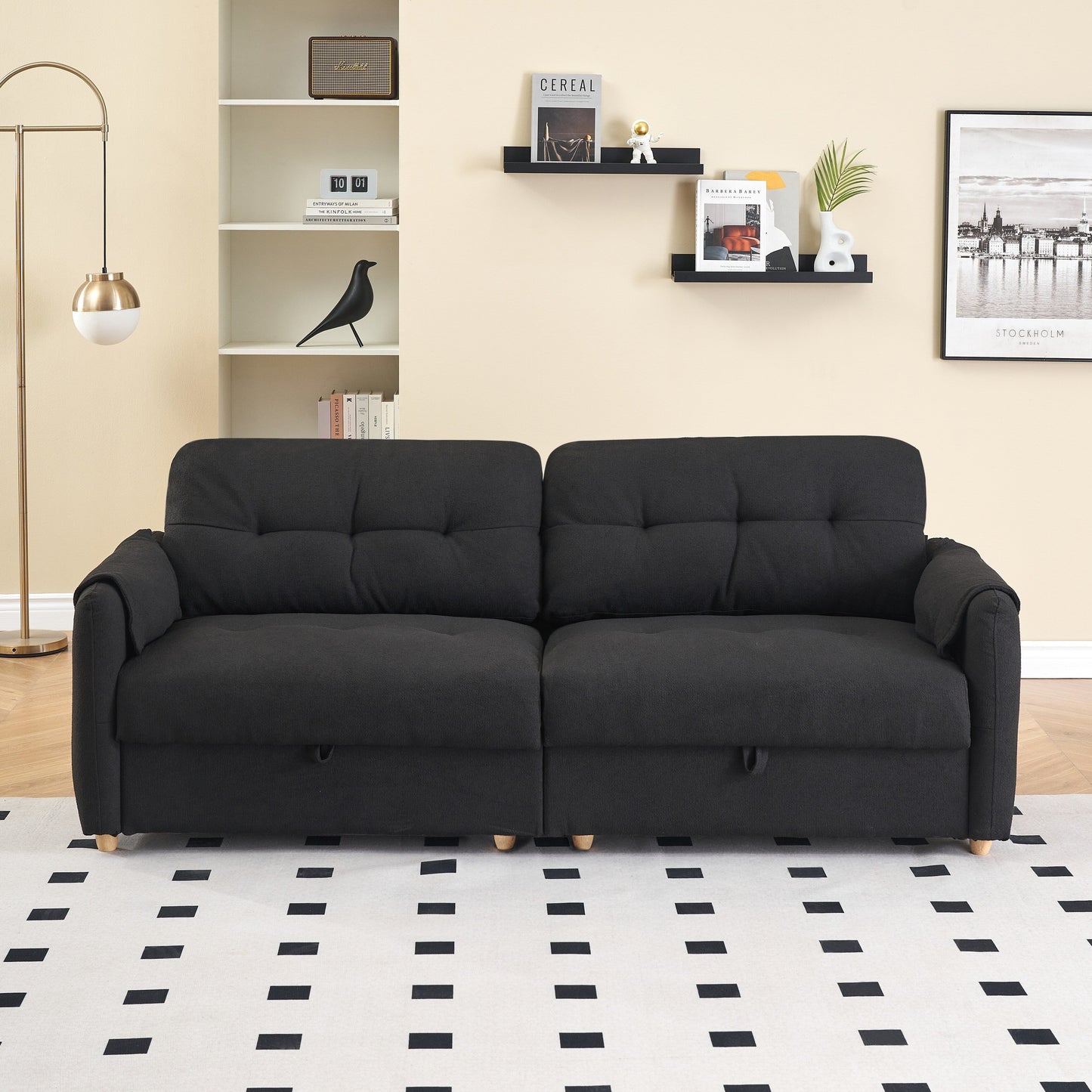 Tissu de canapé en coton et lin Teddy de 79,50 pouces de long, avec pieds longs coniques en métal, bande métallique assortie, élégant et simple