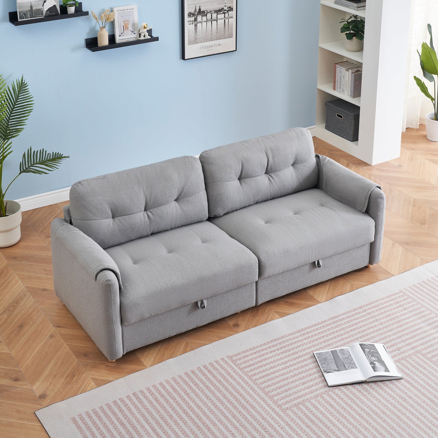 Tissu de canapé en coton et lin Teddy de 79,50 pouces de long, avec pieds longs coniques en métal, bande métallique assortie, élégant et simple