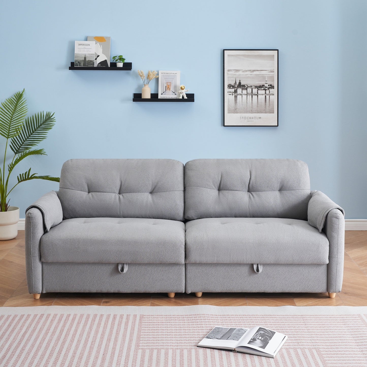 Tissu de canapé en coton et lin Teddy de 79,50 pouces de long, avec pieds longs coniques en métal, bande métallique assortie, élégant et simple