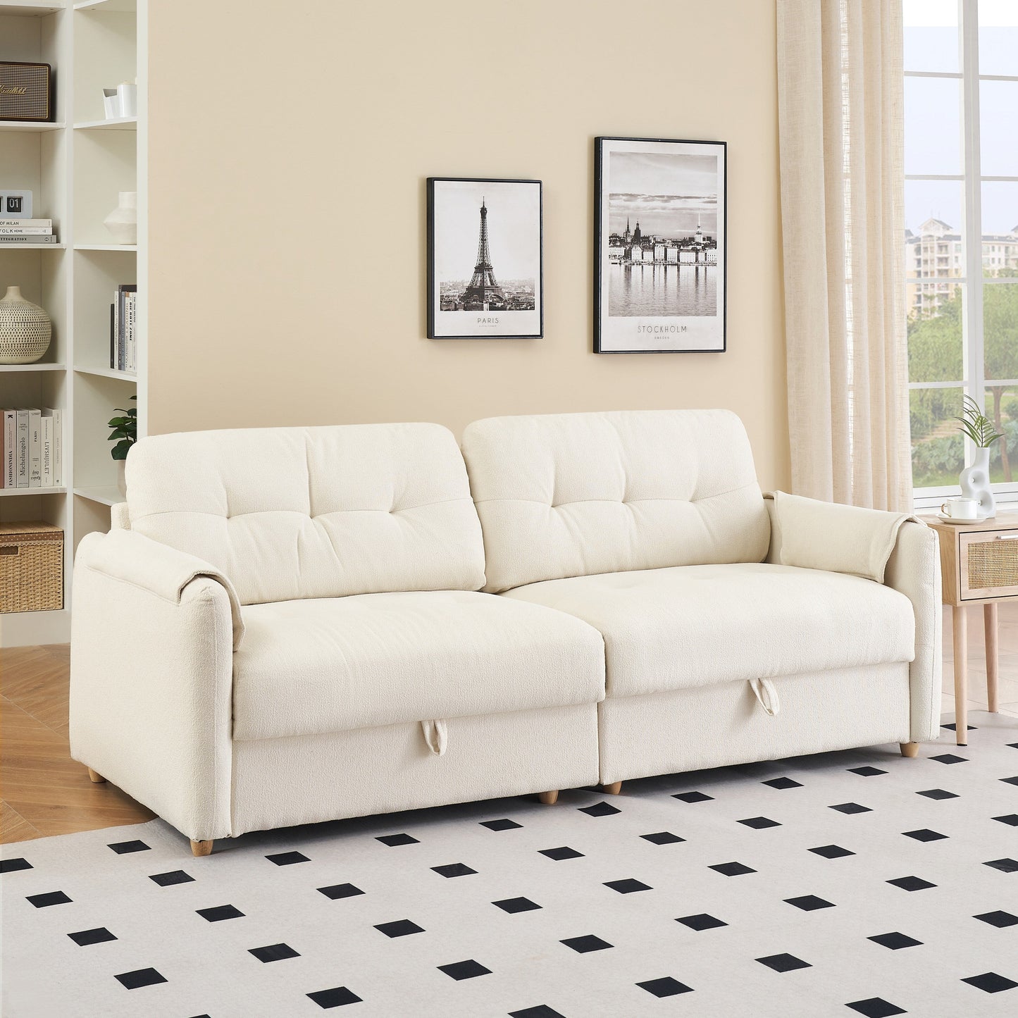 Tissu de canapé en coton et lin Teddy de 79,50 pouces de long, avec pieds longs coniques en métal, bande métallique assortie, élégant et simple